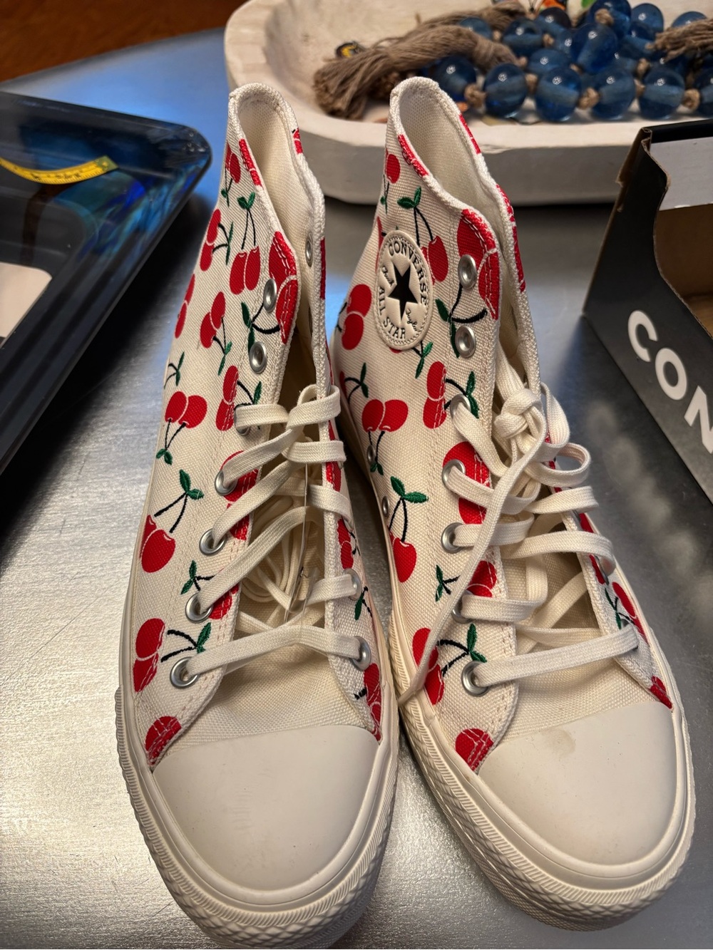 Converse High Top Sneakers in White with Red Cherry Print - Picture 6 of 9